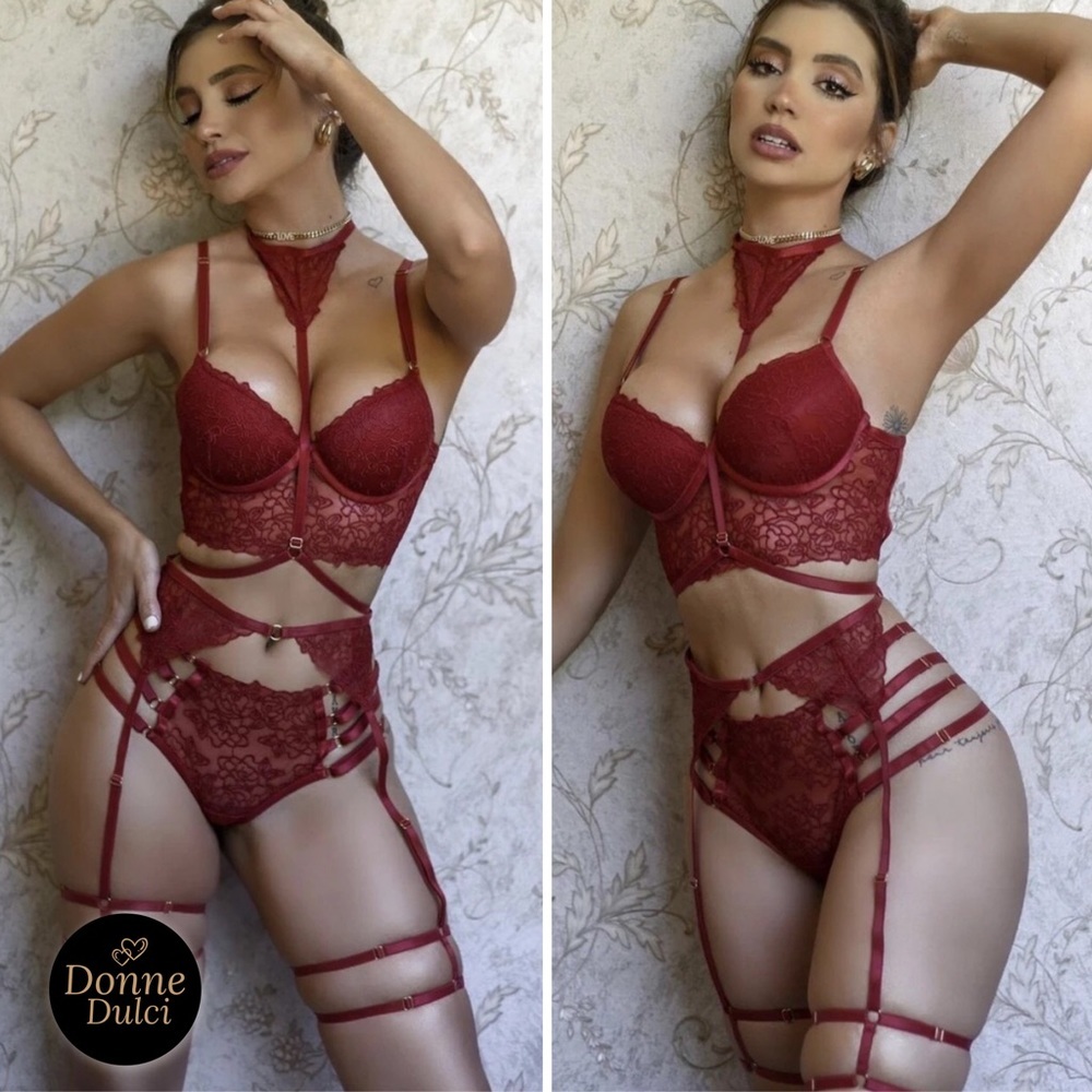 Love Me Deep Strappy 4 piece  lingerie set with garter belt & choker